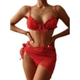 thumbnail image 2 of Qiylii Women Summer Swimsuit Bikini Set, Solid Color Bikini with Ruffles+Lace-up Panties+See-through Mesh Cover Ups, 2 of 8