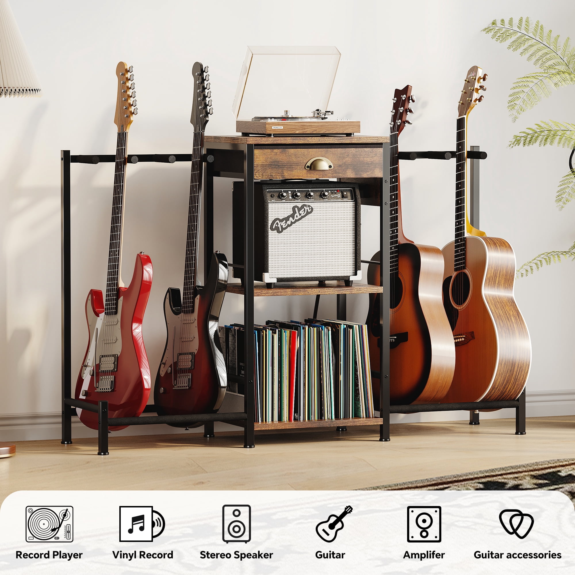 Homeiju 6-Guitar Floor Stand with Charging Station & 3-Tier Storage, Guitar Rack with Amp Stand & Cloth Drawer, Rubber Protected Guitar Holder for Studio/Home , Heavy Duty Metal Frame​