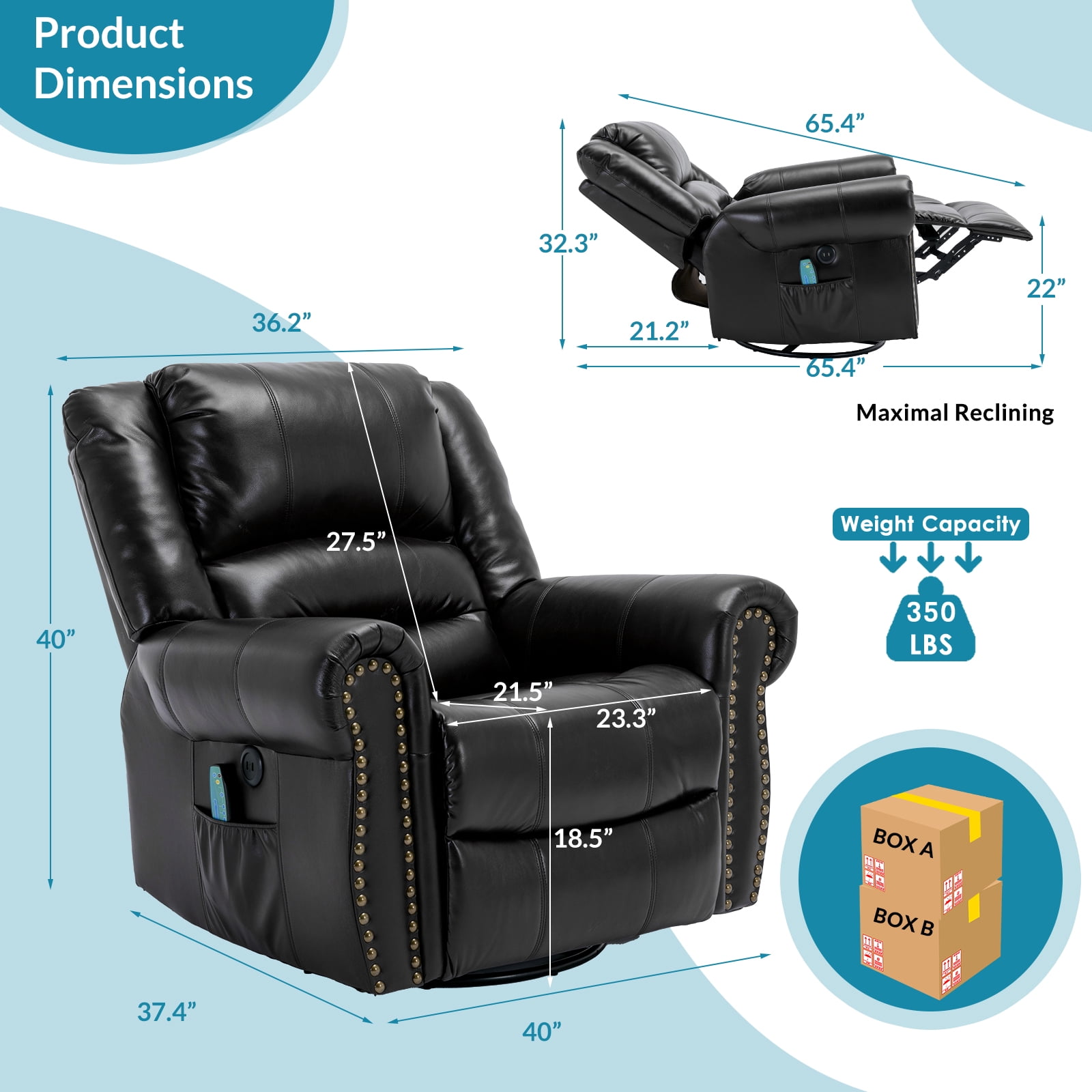OUINCH Manual 360 Degree Swivel Glider Rocker Recliner Chair with Massage and Heat, USB Ports and 2 Side Pockets, Faux Leather, Black