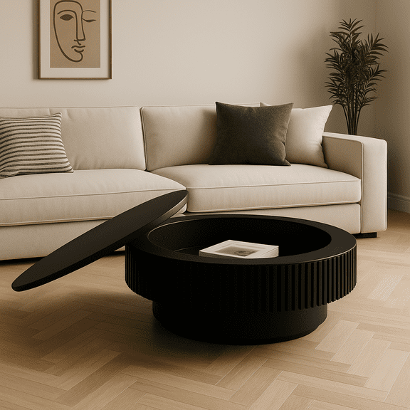 39.37'' Round Coffee Table with Storage Solid Wood Veneered Modern Coffee Table Accent Tea Table for Living Room, Bedroom, Apartment or Office, Black