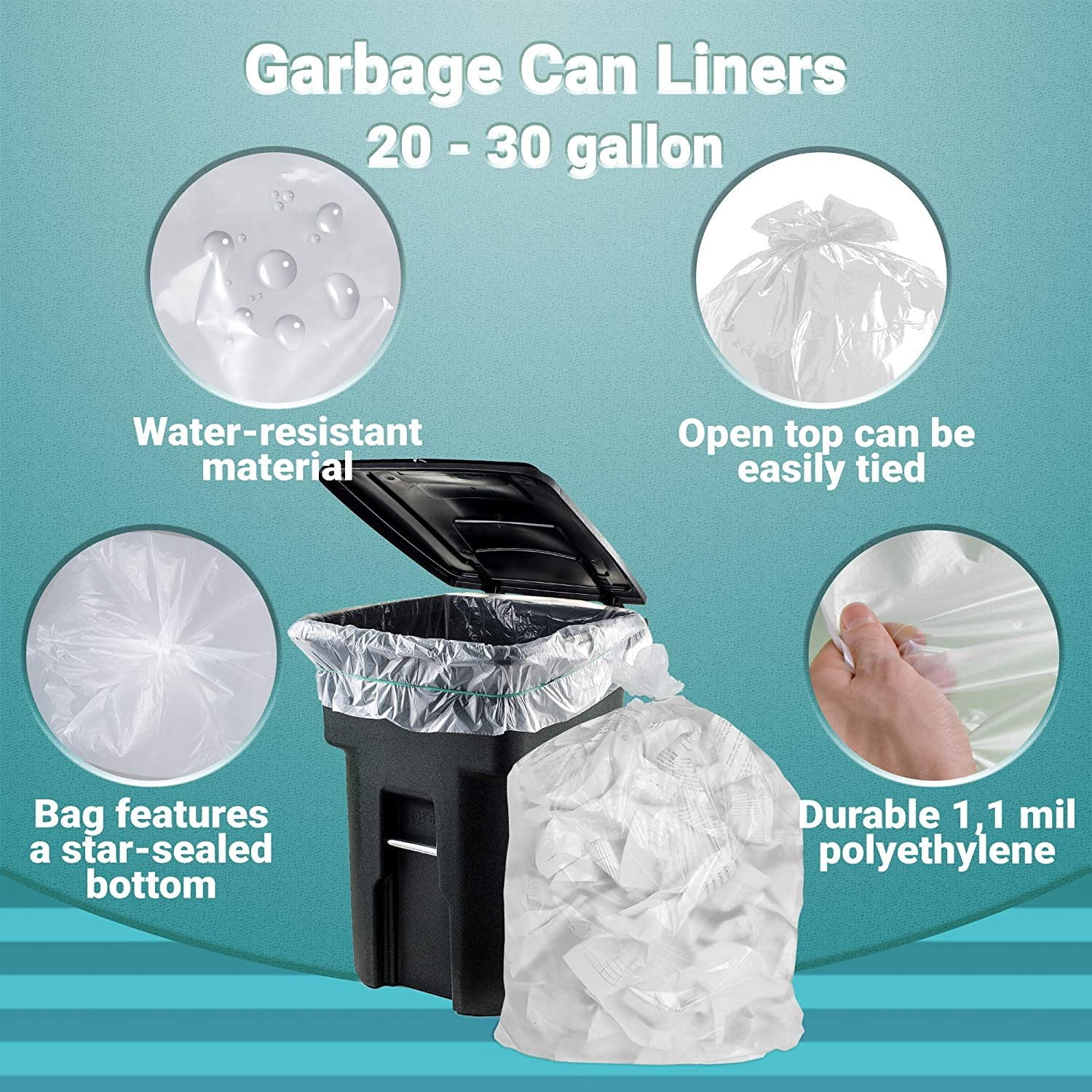 Performance Bottom Seal. Thickness 1.1 Mil Tear Resistance APQ Pack of 50 Heavy Duty Can Liners 30 x 36 Low Density Clear Trash Liners 30x36 20-30 Gallon Trash Bags Puncture 