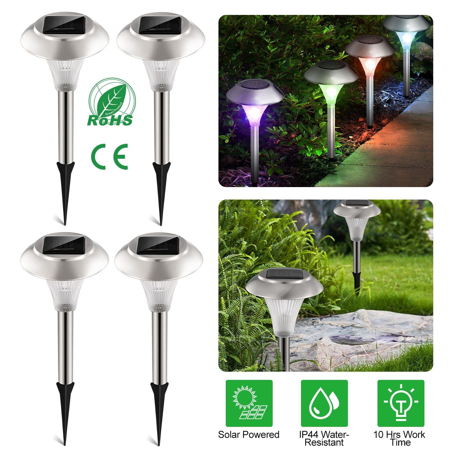 4-Pack Color Changing Solar Garden Lights, Stainless Steel & PC Plastic, IP44 Waterproof, 8Hr Charge 10Hr Work, Pathway Decor for Garden Lawn