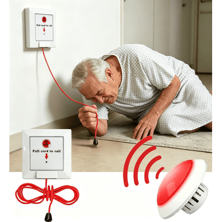 Wireless Elderly Pull Cord SOS Call Alarm System, Fall Alert Devices for Seniors, Long Range Caregiver Call Button for In-Home Care, Bedroom, Bathroom and Stairway Use