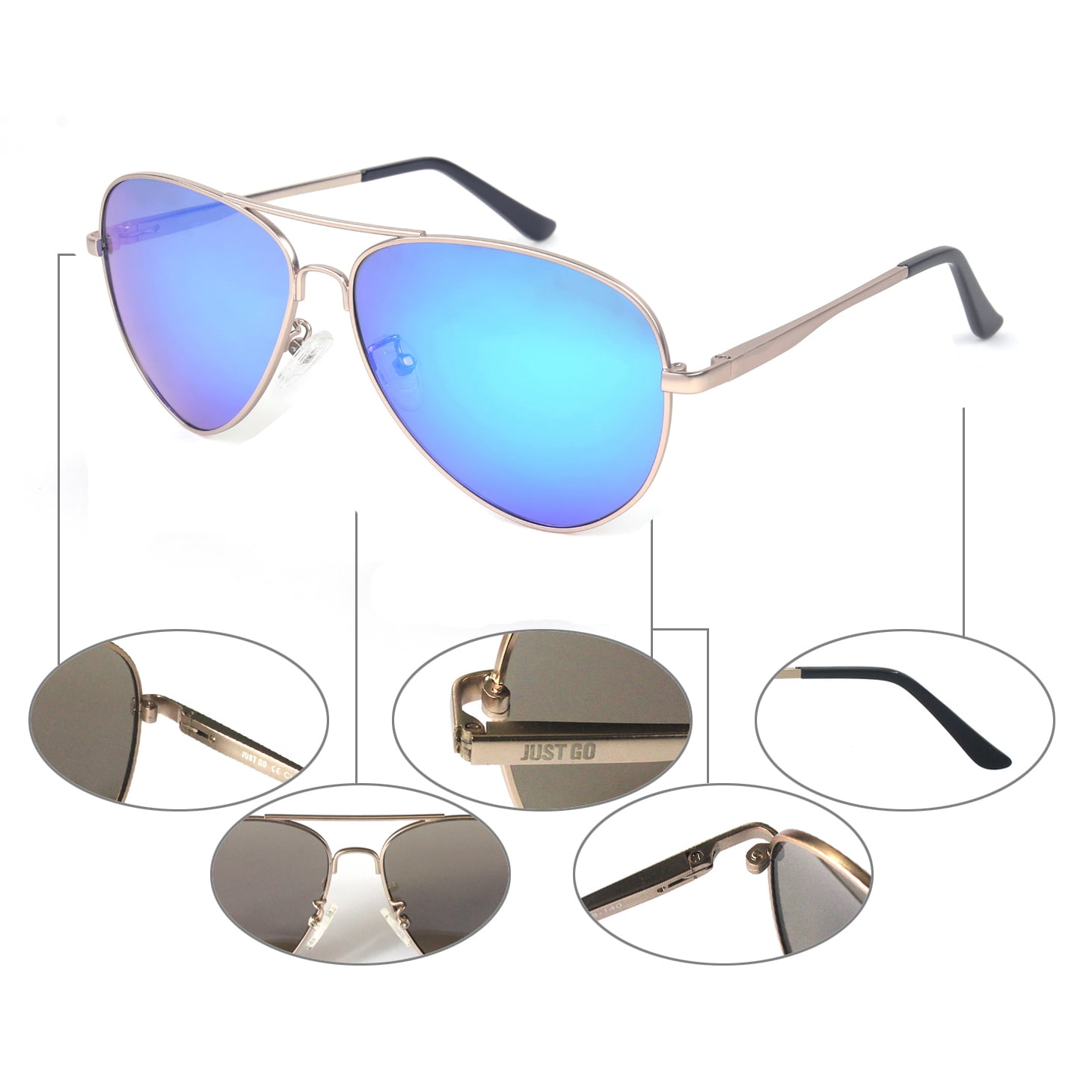 JUST GO Metal Frame Vintage Aviator Style Sunglasses with Case, Polarized  Lenses, 100% UV Protection, Matte Gold, Blue Revo