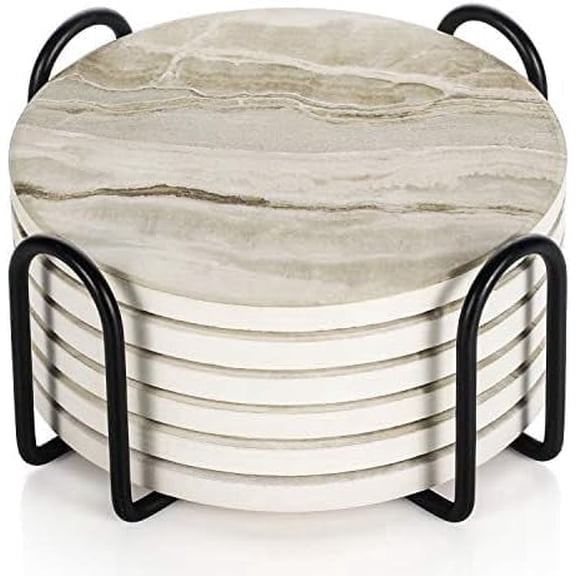 Fzchyzoar Drink Coasters with Holder, Absorbent Coaster Sets of 6, Marble Style Ceramic Drink Coaster for Tabletop Protection,Suitable for Kinds of