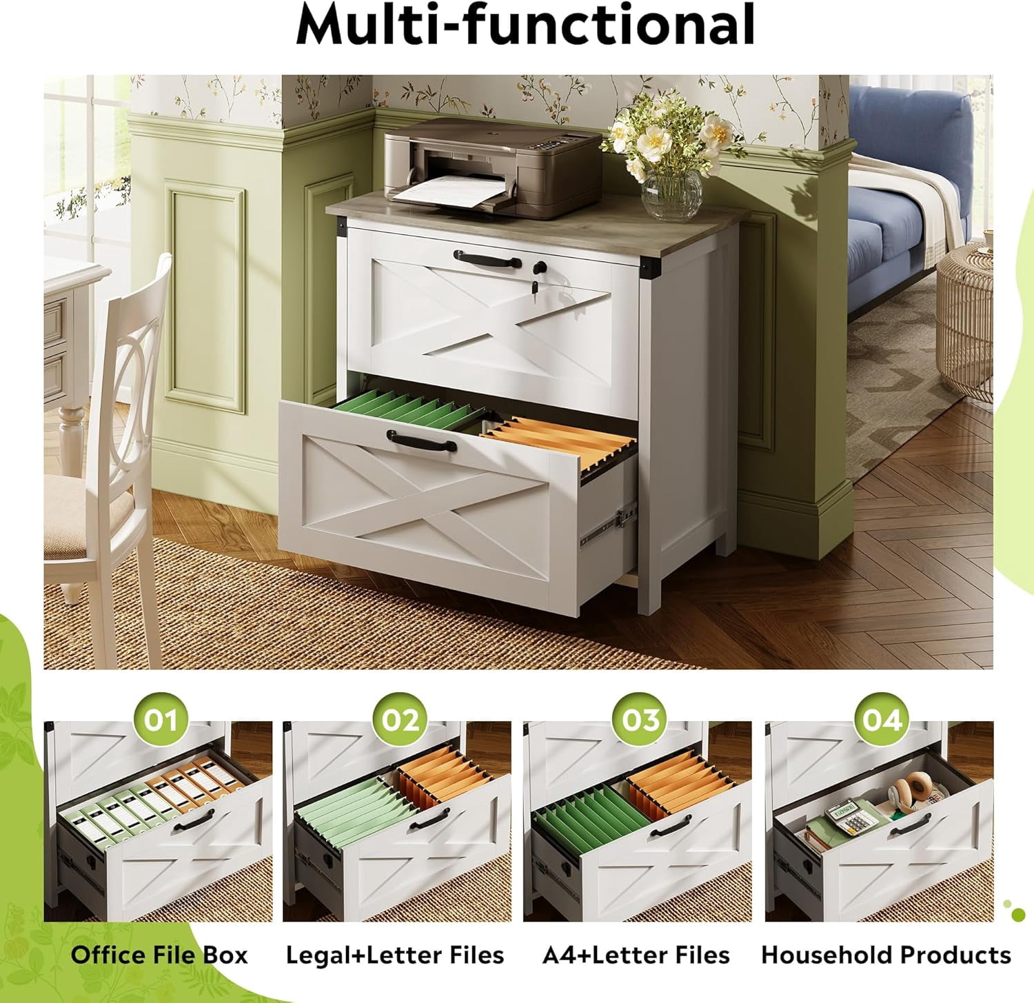 2 Drawer Farmhouse File Cabinet with Lock, Lateral Filing Cabinet for Letter/Legal/A4 Size, Wood Printer Stand for Home Office, White