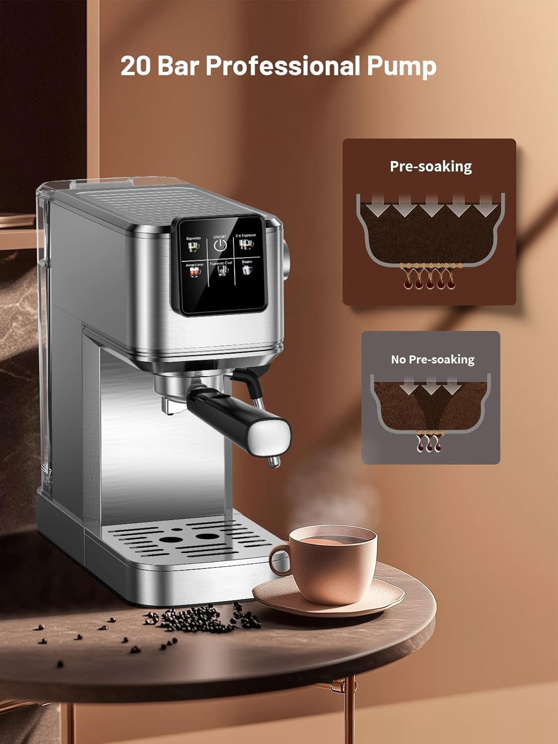 Espresso Machine 20 Bar Coffe Maker with Rapid Cold Brew, Compact Espresso Maker for Hot and Cold Cappuccino, Latte, Stainless Steel Coffee Machines with 1200ml Removable Water Tank