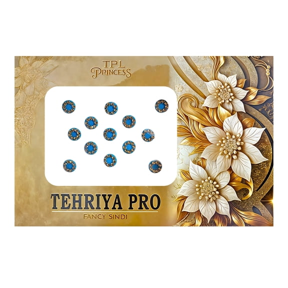 Tehriya Pro Blue Stone Round Bindi Set with Golden Crystal Border, Self Adhesive Traditional Indian Forehead Stickers for Women