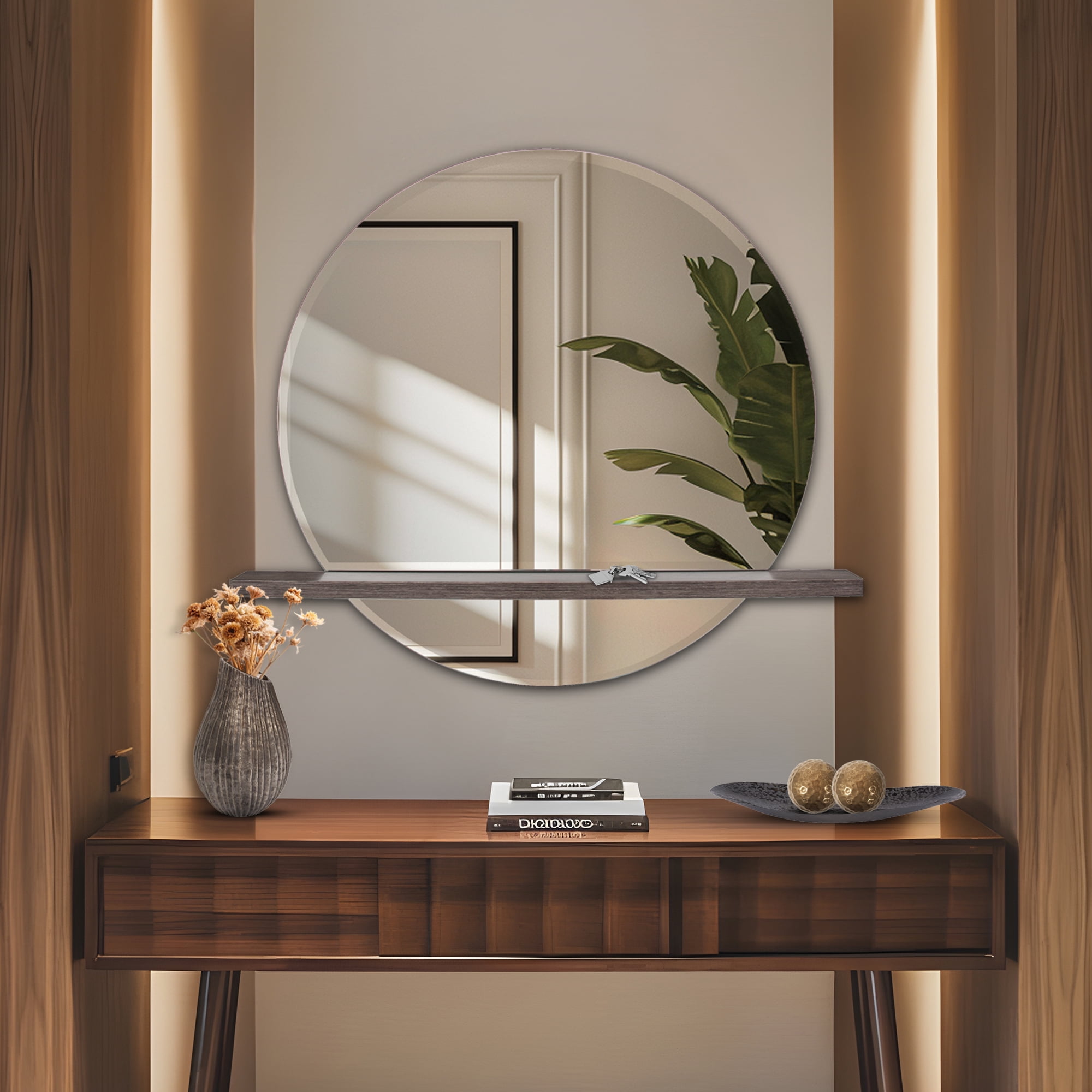 Tyler Dillon Round Beveled Wall Mirror with Gray Wood Shelf - 36"w x 32"h x 5"d