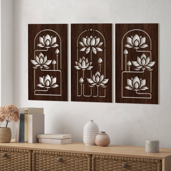 3 Pcs Mandala Wall Art Wood Lotus Flower Wall Decor Brown Lotus Carved Wood Wall Art Beautiful Floral Wall Art Plant Theme Wooden Hanging Artwork for Living Room Yoga Room Decor 8X16 Inch