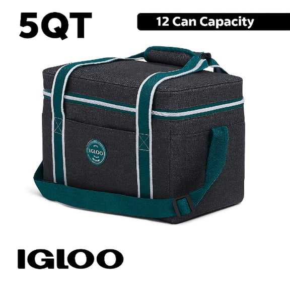 Igloo Heritage Soft-Sided Lunch Cooler Bag, 12 Can Capacity, Gray and Teal, Insulated Soft Cooler Keeps Food and Drink Cold Wherever You Are