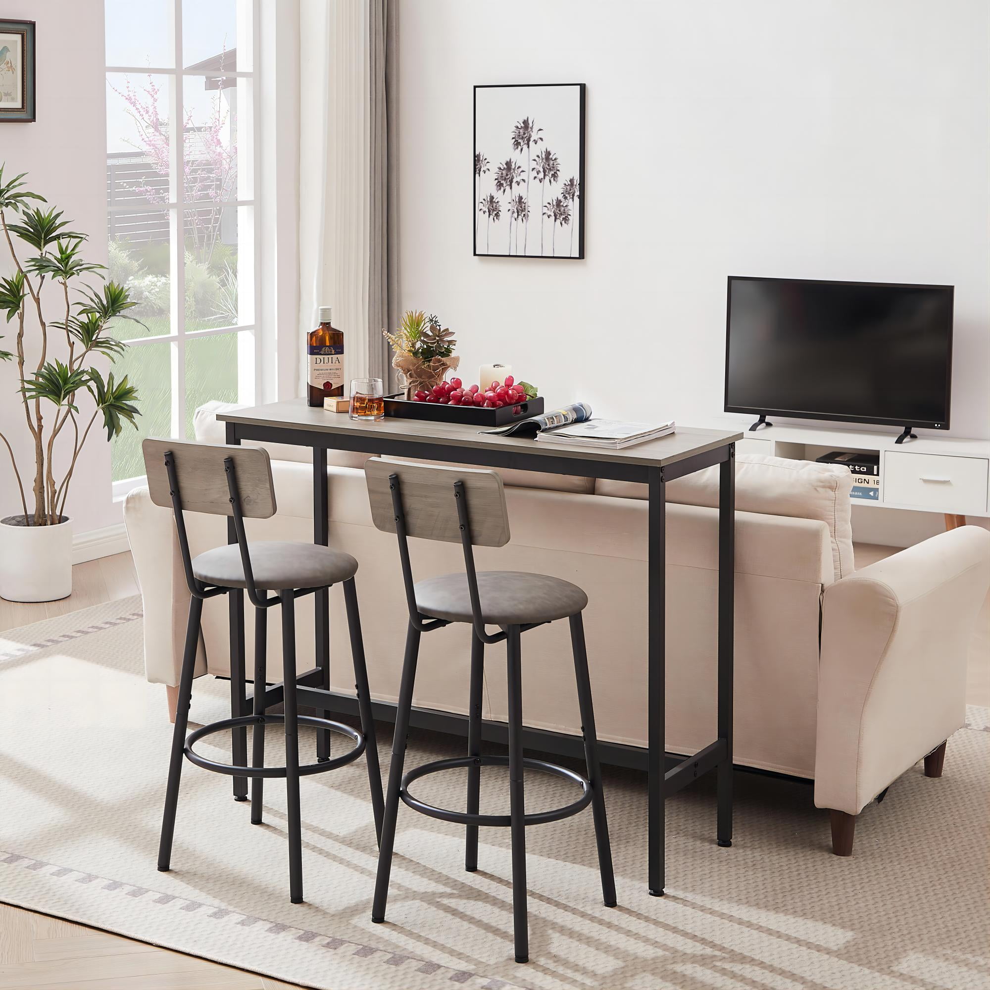 DEALTOPS Bar Table Set with 2 Bar stools PU Soft seat with backrest-Grey