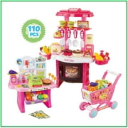 Mundo Toys Mini Supermarket Pink 3 in1 Kitchen Set for Kids Play Food 110 Pcs for Toddlers Girls +3