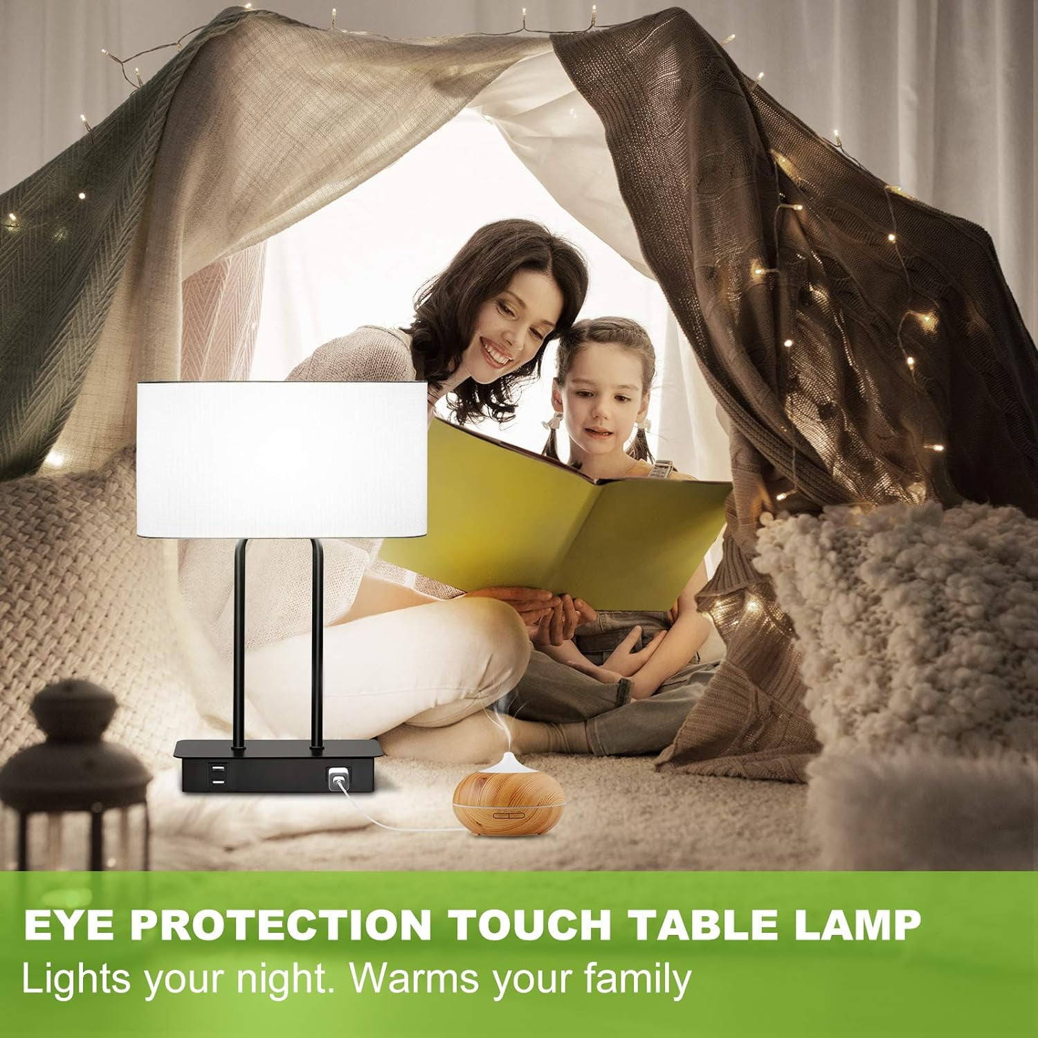 Nordic Hygge Bedside Touch Control Table Lamp with Dual USB Charging Ports 1 AC Outlet, 3 Way Dimmable Modern Nightstand Lamp