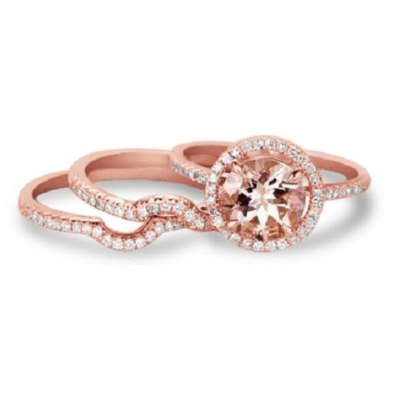 JeenMata Pave Curved Band - 1.75 Carat Round Cut Lab Created Morganite and Moissanite - Halo Trio Wedding Set - 18K Rose Gold Plating over Silver