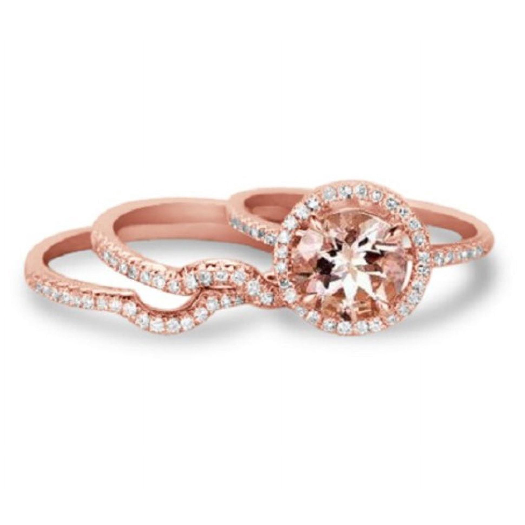 JeenMata Pave Curved Band - 1.75 Carat Round Cut Lab Created Morganite and Moissanite - Halo Trio Wedding Set - 18K Rose Gold Plating over Silver