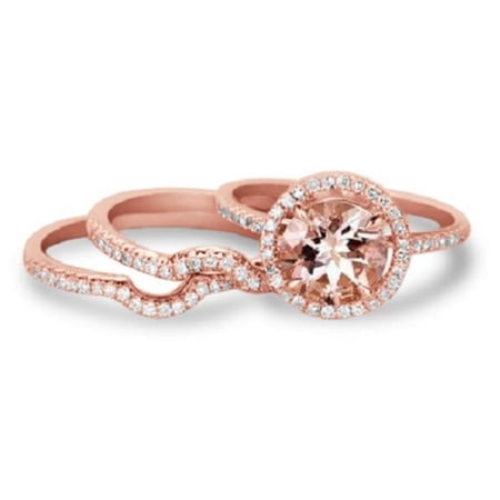 JeenMata Pave Curved Band - 1.75 Carat Round Cut Lab Created Morganite and Moissanite - Halo Trio Wedding Set - 18K Rose Gold Plating over Silver