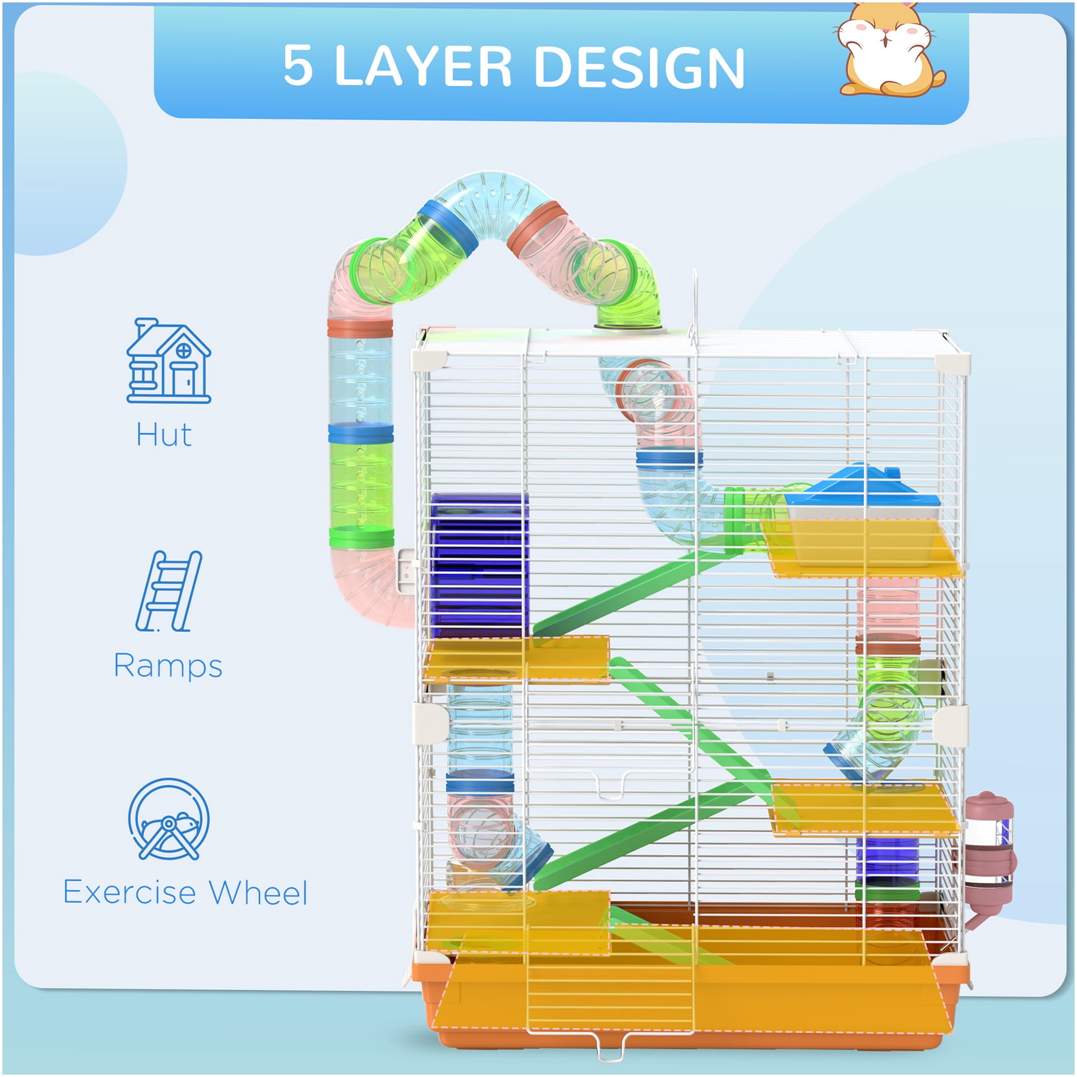 JERFIT 5-Tier Small Animal Cage with Tubes, Exercise Wheel, Water Bottle & Carry Handle, Metal Hamster Habitat for Gerbils, Orange