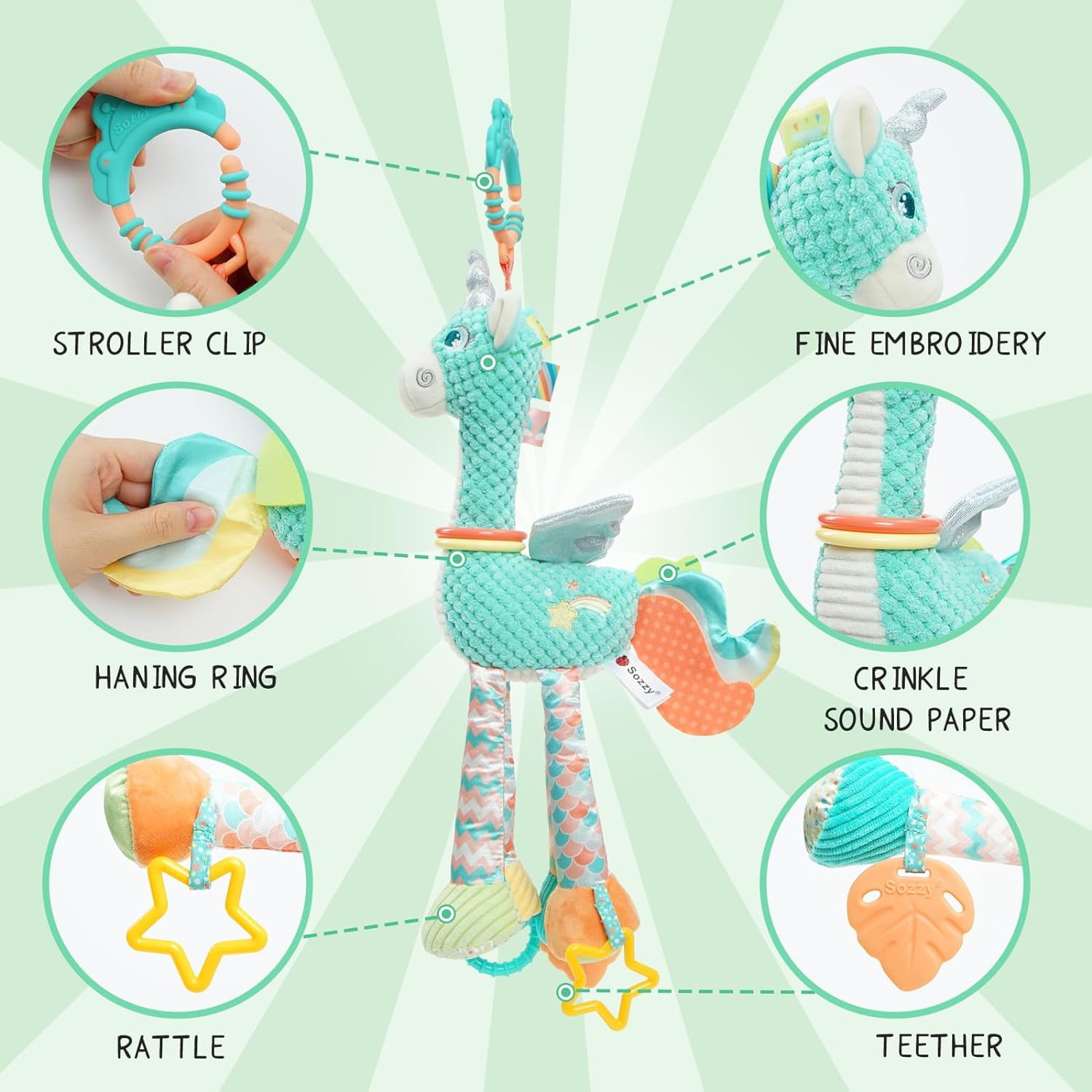 Giraffe Teething Hanging Toy, Chewable Sensory Crinkle Bell Doll for Stroller Crib Car Seat, Newborn Infant 0-12 Months Gift