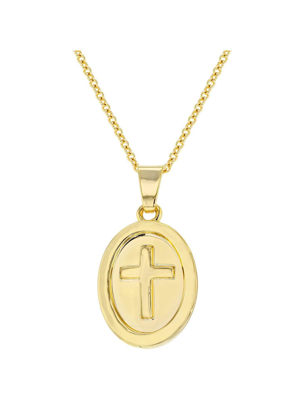 Gold Plated Religious Medal Cross Pendant Necklace for Kids & Young Teens 16'