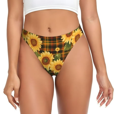 Zeuib Yellow Black Plaid Sunflower Print Seamless Women Underwear Thongs High Waisted No Show Ladies Panties Breathable Comfortable Brief Hi Rise Undies-Small