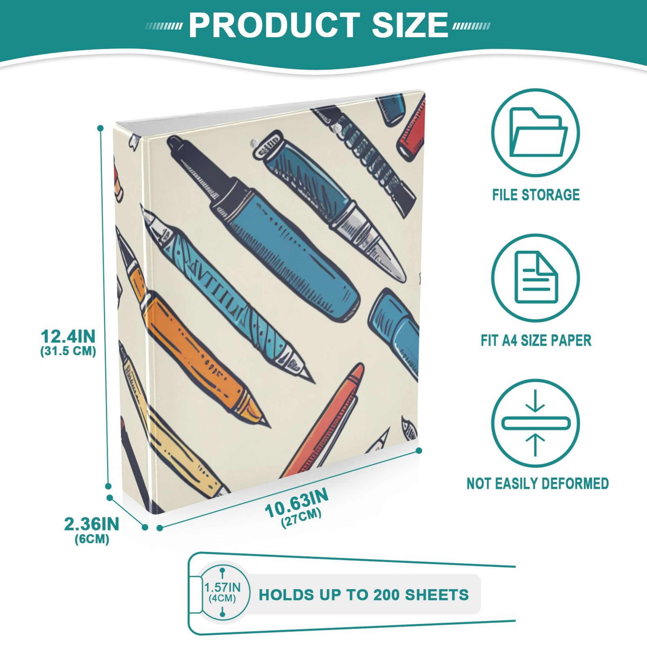Pens 3 Ring Binders 1.5 inch Hardcover File Folders with Interior Pockets A4 Size Organizer for School Office Hospital