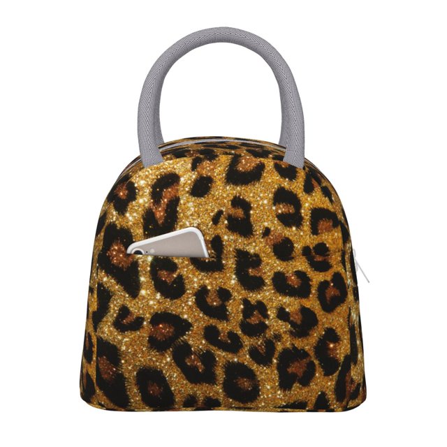 Fotbe Golden Leopard Glitter Bolsa de Almuerzo con Estampado, Lonchera Aislada, Contenedor de Comida Reutilizable Tipo Cooler a Prueba de Fugas