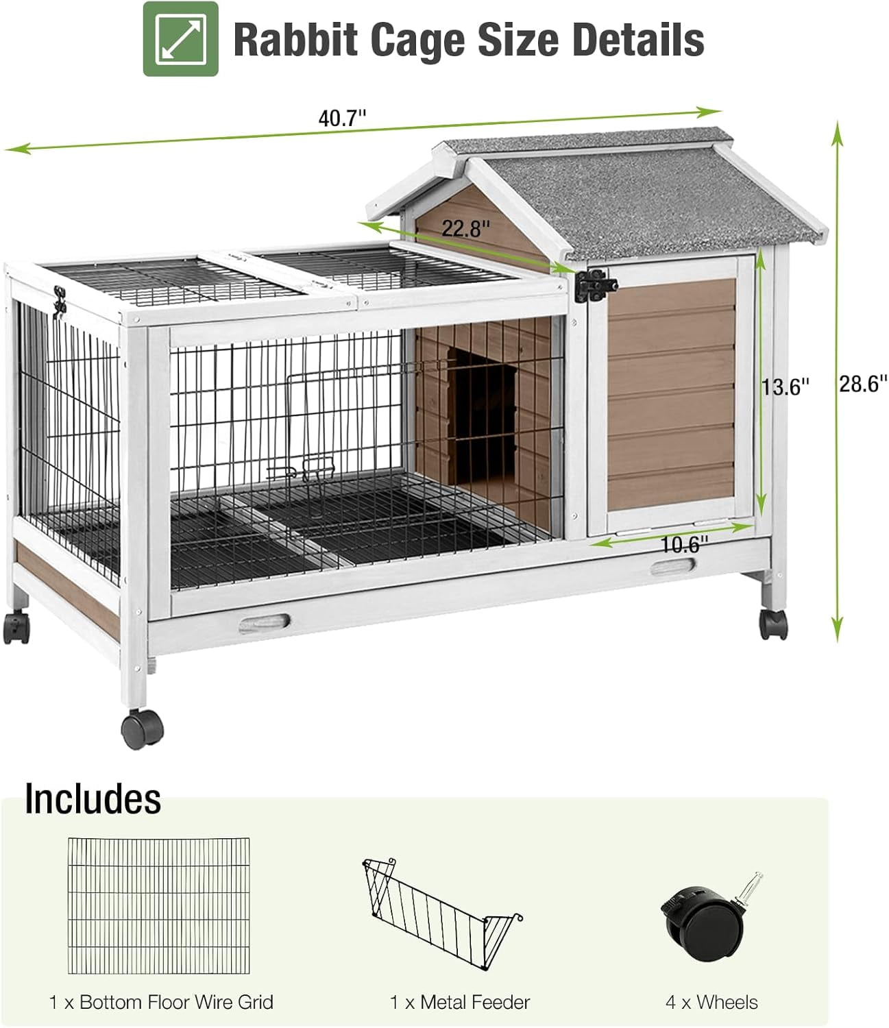 Aivituvin Wooden Rabbit Hutch Indoor and Outdoor, Rabbit Cage with Removable Wire Netting and Leak Proof Tray, Mobile Bunny Cage with Wheels (Brown)