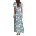 thumbnail image 5 of QIJIE Petite Women Dresses Spring Summer Floral Swing Ruffled Short Sleeve Elegant V Neck Maxi Dress A-Line Casual Sundress Beach Boho Cocktail Party Dresses Light Blue M, 5 of 5