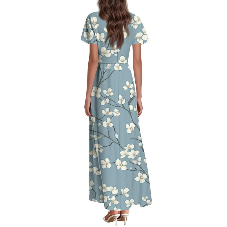 QIJIE Petite Women Dresses Spring Summer Floral Swing Ruffled Short Sleeve  Elegant V Neck Maxi Dress A-Line Casual Sundress Beach Boho Cocktail Party  Dresses Light Blue S - Walmart.com