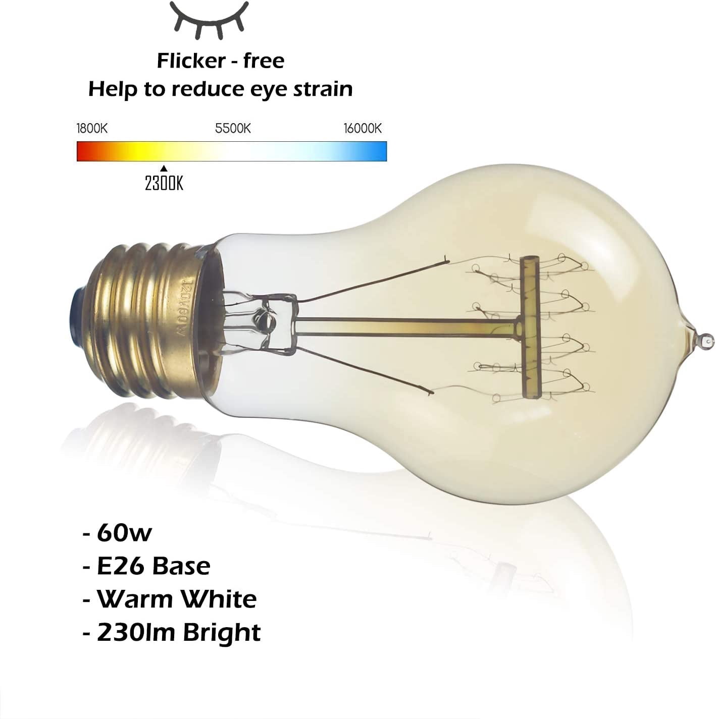 6-Pack Edison Light Bulb 60 Watt, Dimmable A19 Antique Vintage Old Fashioned E26 Incandescent Light Bulbs, Amber Warm White