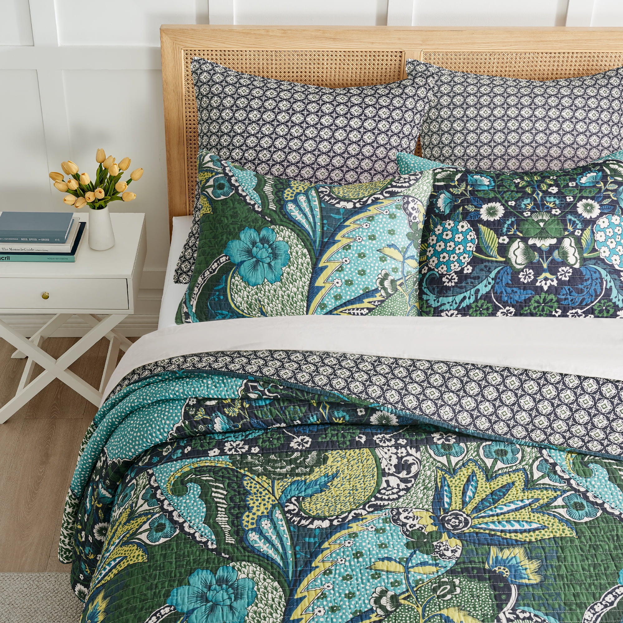 Levtex Home - Jules Quilt Set - Full/Queen Quilt + Two Standard Pillow Shams - Bohemian - Navy, Green, Blue, Teal - Quilt Size (88x92in.) and Pillow Sham Size (26x20in.) - Reversible - Cotton Fabric