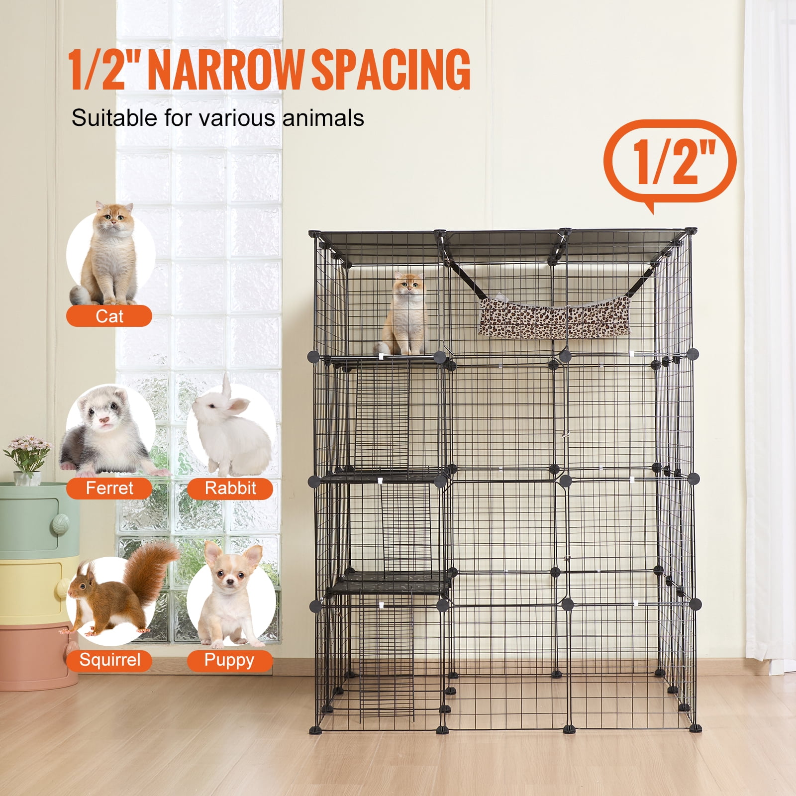 KFFKFF 4-Tier Cat Enclosure 41 x 41 x 55", Large Cat Cage with Hammock, 4 Entryways, Ladders, Metal Wire Cat Habitat Cat Kennel, Black