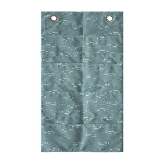 Wave Hanging Pocket Organizer, Abstract Pattern in Calm Colors and Fish Sketches Nautical Sea Animals Doodle, Printed Polyester Storage Bag with Pockets, 21" x 31", White and Pale Teal