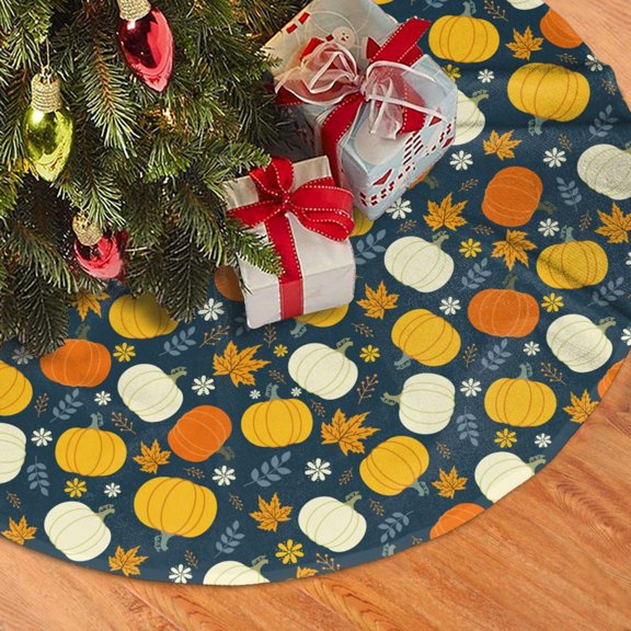 Christmas Tree Skirt, Autumn Pumpkin Maple Leaf Plants Soft Plush Christmas Tree Decorations Indoor, Tree Skirts Mat for New Year Halloween Holiday Christmas Party Decor 30"