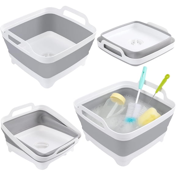 Collapsible Dish Basin,  2 Pack Collapsible Bottle Washing Basin Dish Pans for Kitchen Sink 2.4Gal Plastic Silicone Wash Tub with Drain for Camping, RV, Foldable Wash Basin Space saving