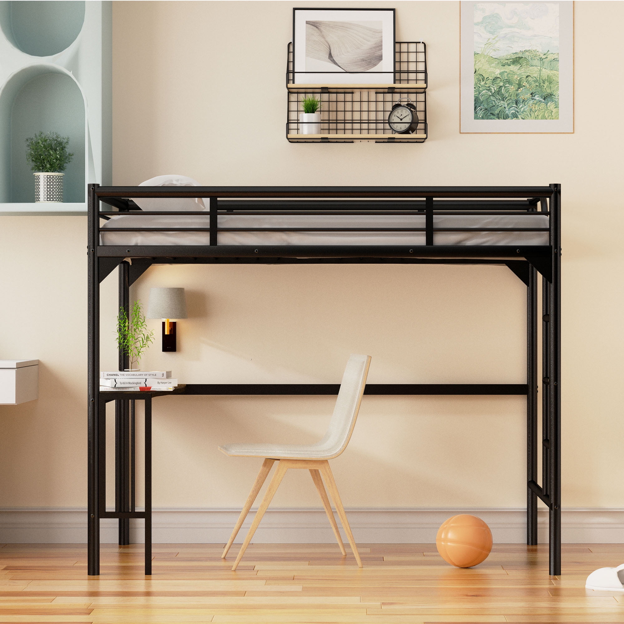 Aukfa Twin Loft Bed with Desk for Kids, Teens, Dorm, Heavy Duty Metal Bed Frame - Black