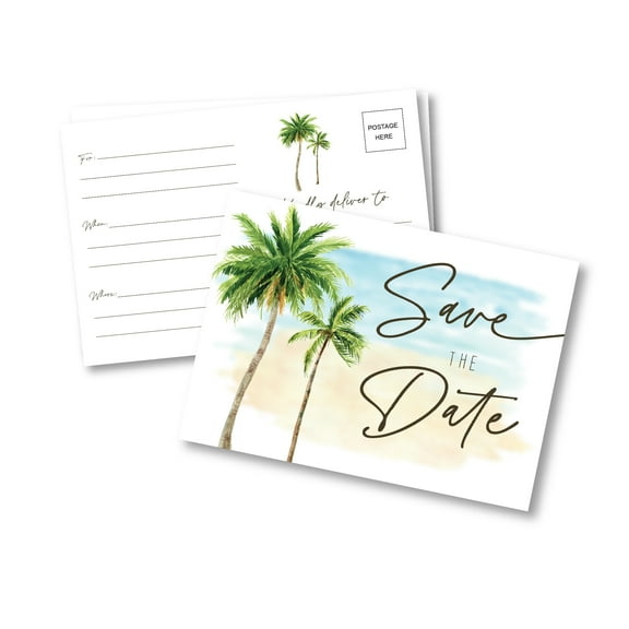 Beach Palm Tree Wedding Save The Date Cards - 50 Pack Standard Postcard Size - Add Postage, Address, and Send - No Envelopes Needed
