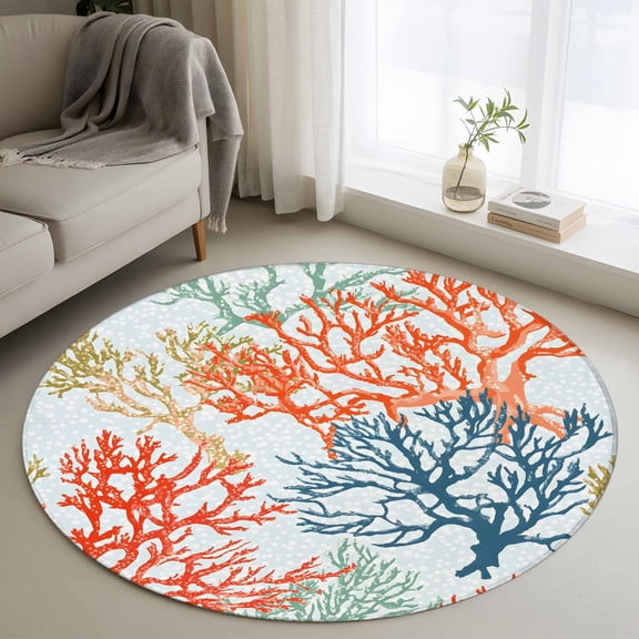 Boho Ocean Coral Round Rug 3ft Washable Circle Entryway Rugs Non Slip Orange Blue Ombre Green Polka Dots Area Rug Indoor Floor Carpet for Bedroom Kitchen Living Room Home Office Dining Room Nursery