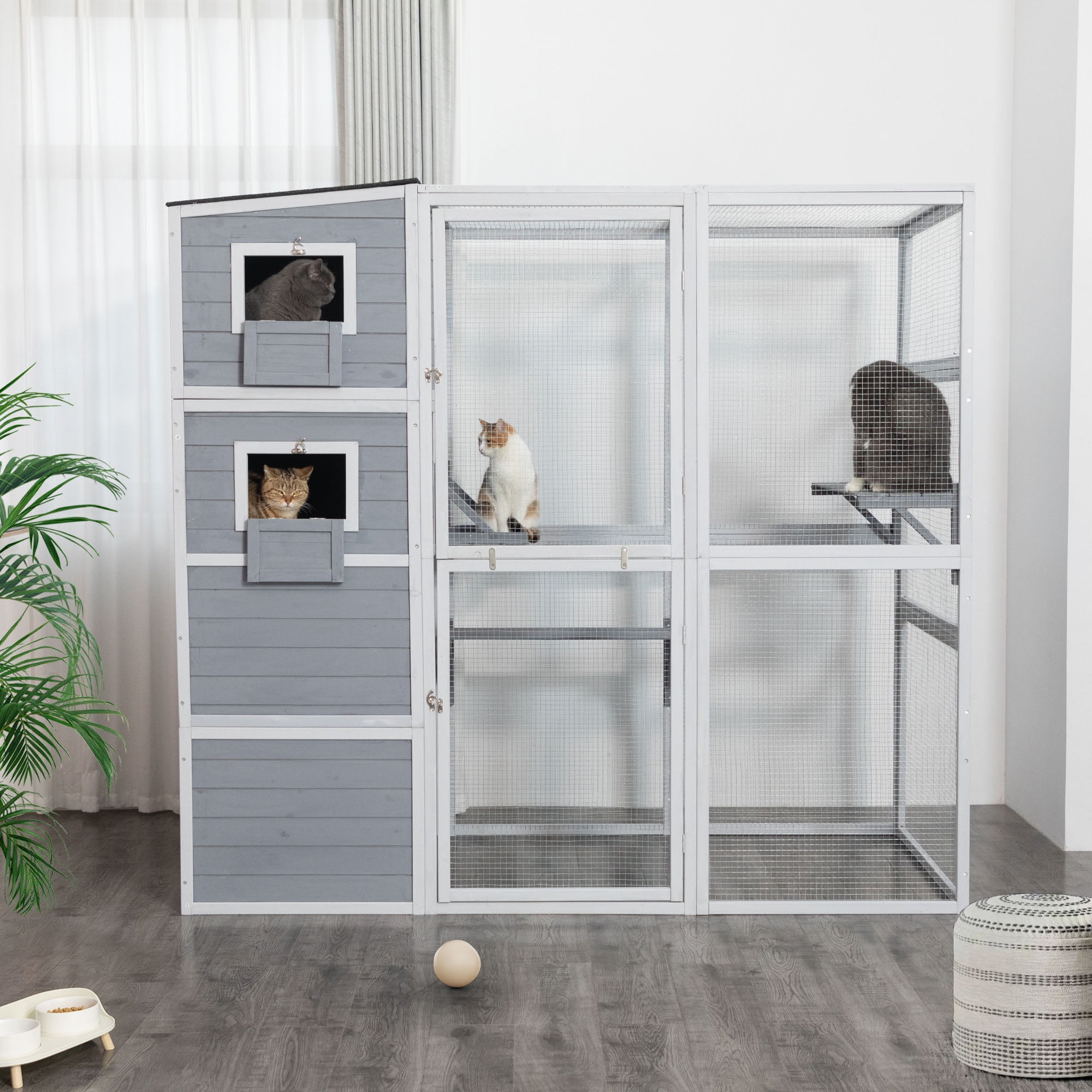 Seizeen Cat House for Outdoor, Catio Enclosure for Cat Wooden Large Kitty Cage , w/Platform, Resting Box, 4-tier Shadow Design, 70''H x 76''W