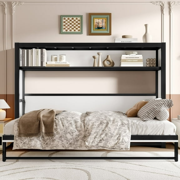 Luckynote Twin Size Murphy Bed, Metal Foldable Bed Frame with Storage Shelves, Space Saving Design, White