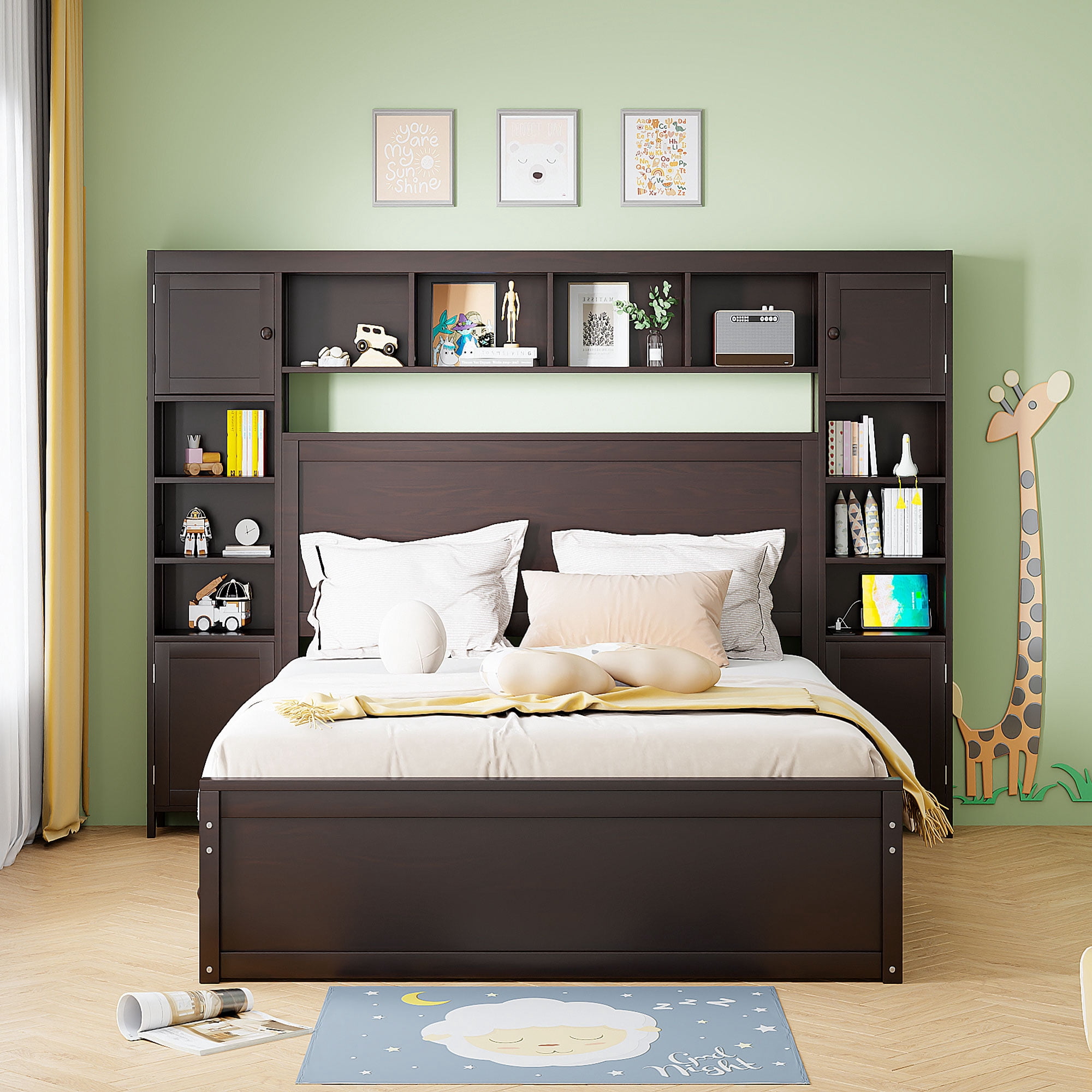 Aukfa Queen Size Bed Frame with All-in-One Cabinet and Shelves, Wooden Functional Bed with Trundle and Storage Drawers, USB Ports Outlets, Espresso
