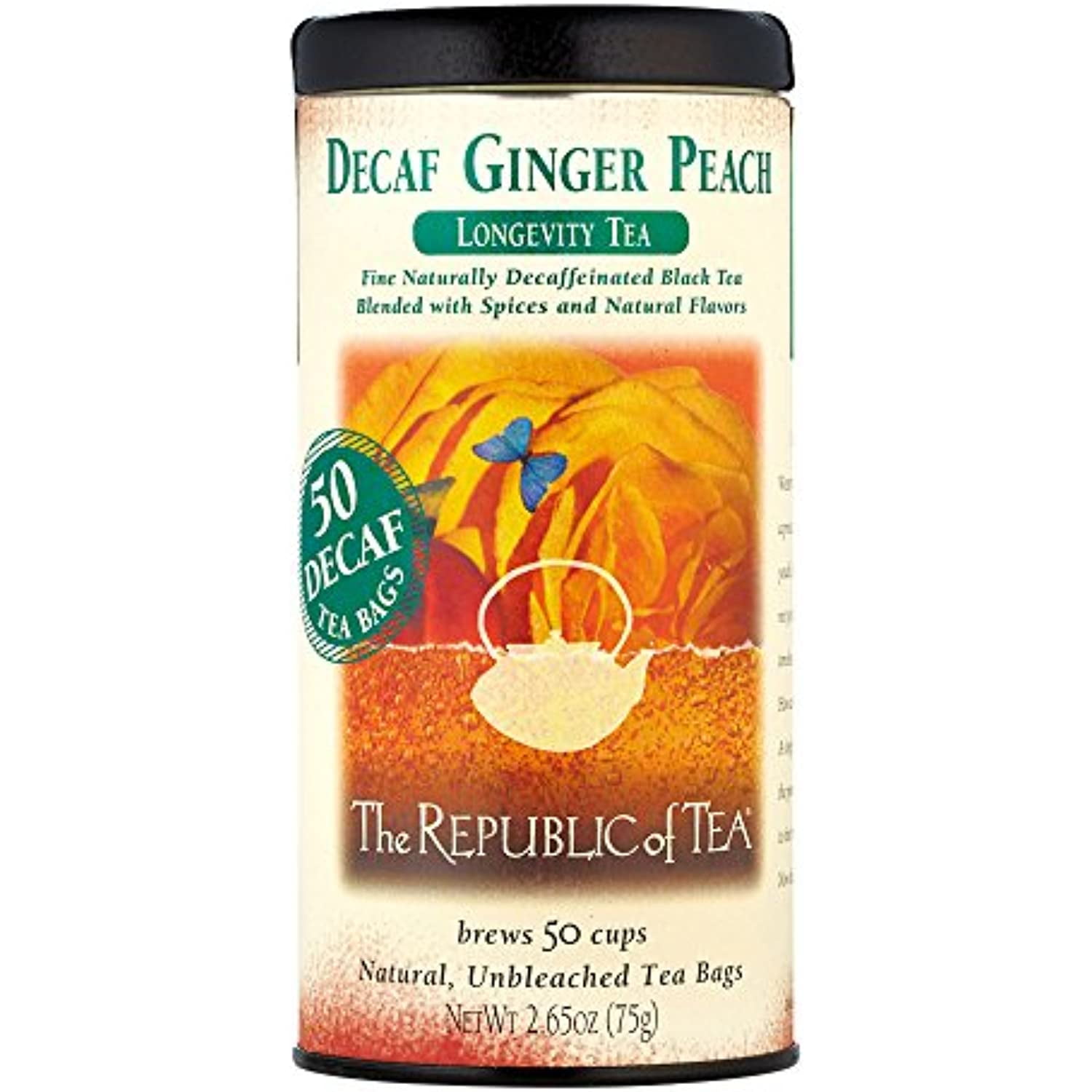 The Republic Of Tea Decaf Ginger Peach Black Tea, Tin Of 50 Tea Bags