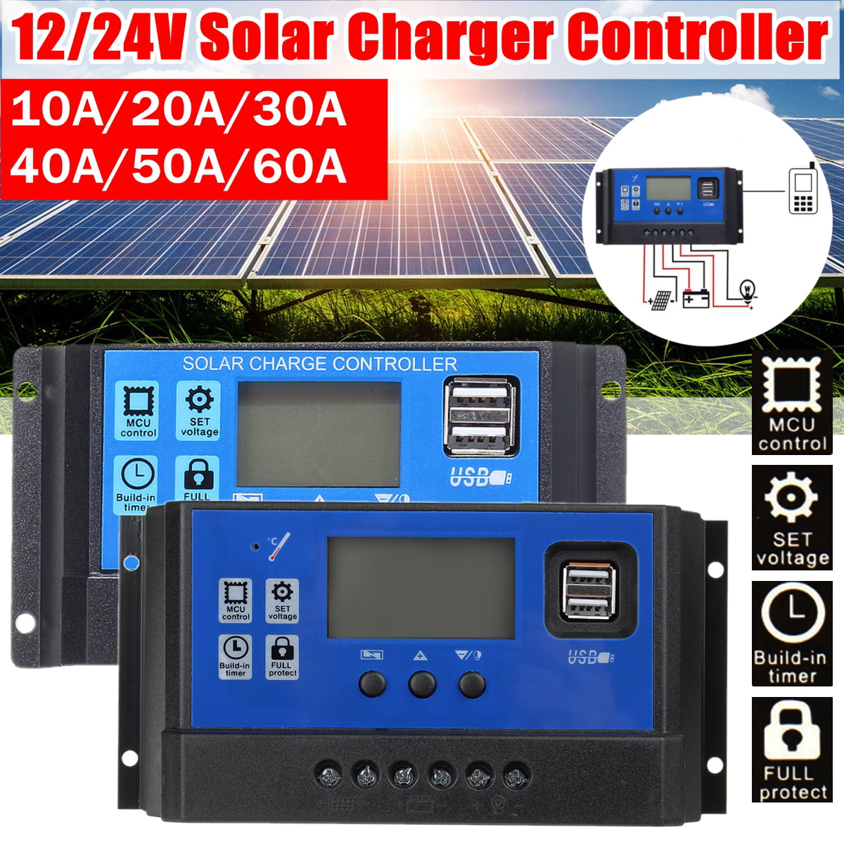 10/20/30A USB Solar Panel Battery Regulator Charge Intelligent Controller 12V24V 