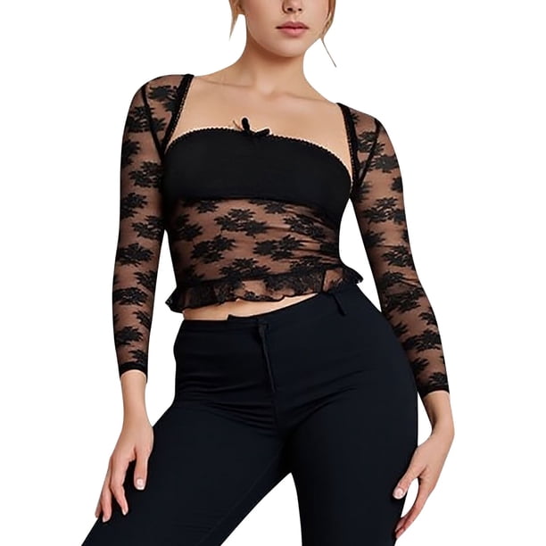Conjunto de top corto de manga larga con encaje floral para mujer: top sin tirantes y bolero, diseño de malla con cuello cuadrado