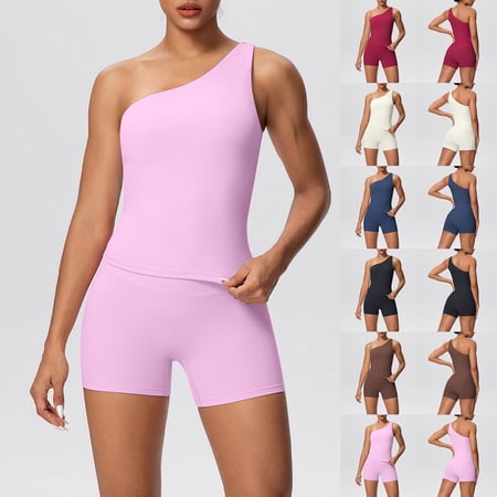 BiZtdJrK Yoga Suits Women One Shoulder Sleeveless Tops and Short Leggings 2 Piece Sets Stretch Running Gym Workout Tracksuits Pink XL