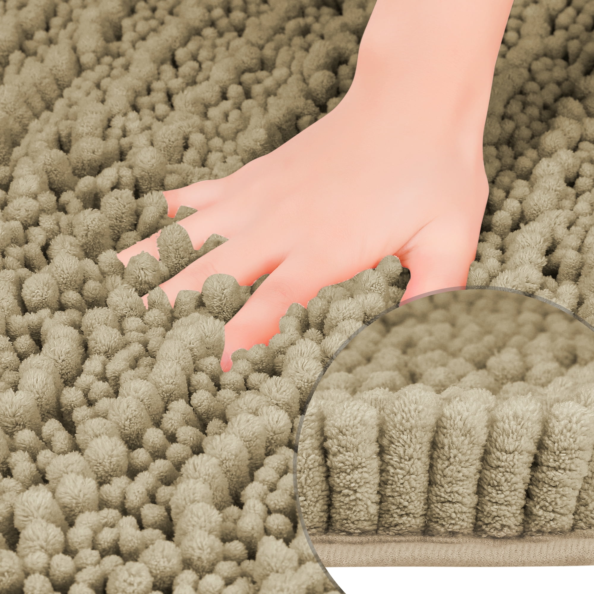 Unique Bargains Chenille Bathroom Rugs Non-Slip Bath Rugs Plain Washable Soft Shower Mat Khaki 20" x 32"