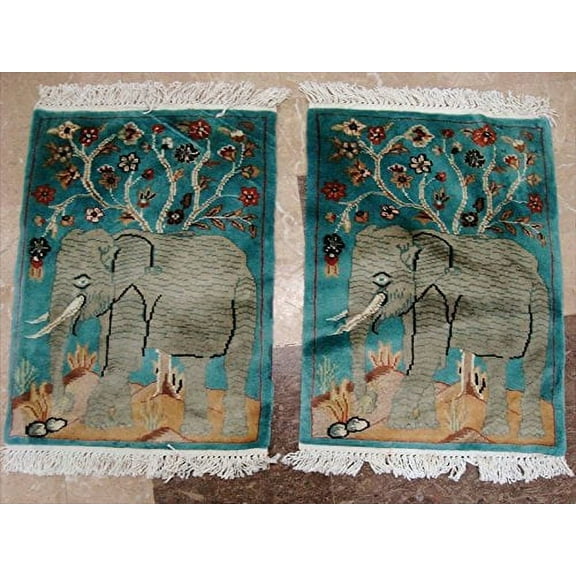 Ahmedani Linen Wow Elephant Pair Area Rug Exclusive Any Room Hand Knotted Wool Silk Carpet (2 X 1.6)'