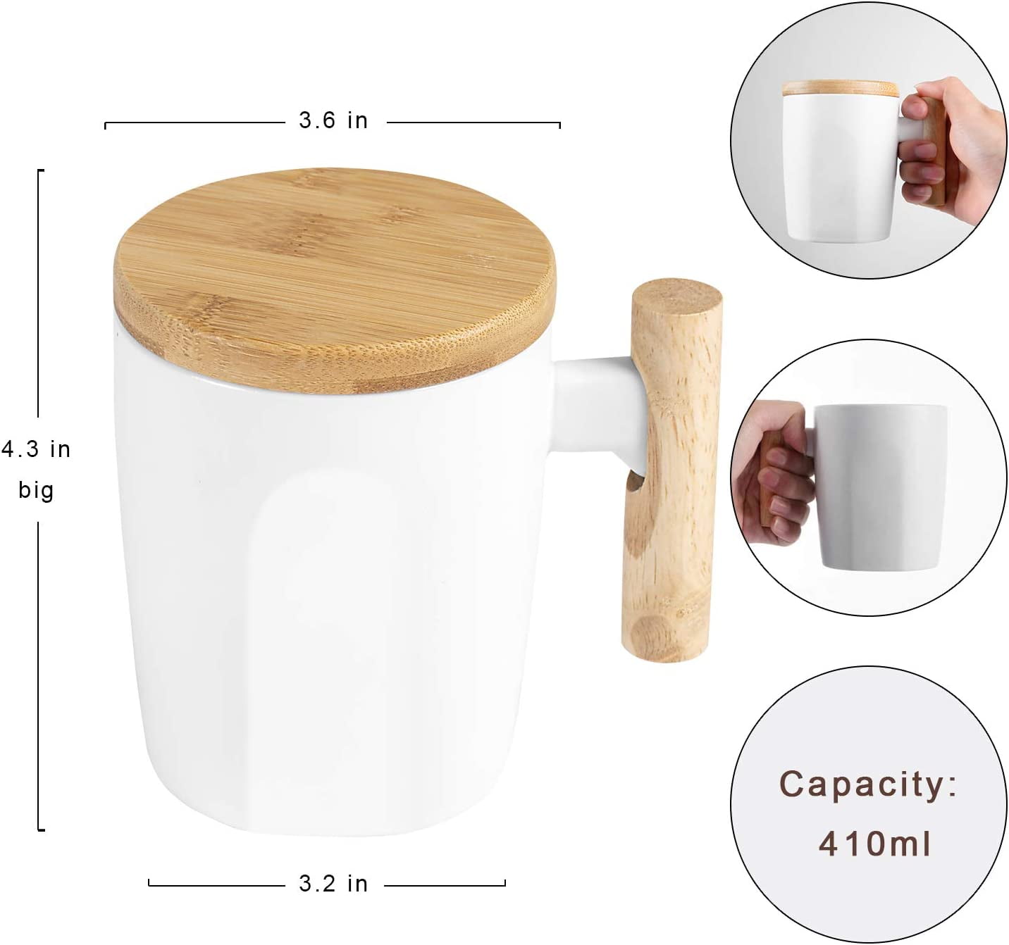 Flat Bottom Mug with Wood Lid. Universal. Flat Bottomed. Wooden Handle.  14oz 