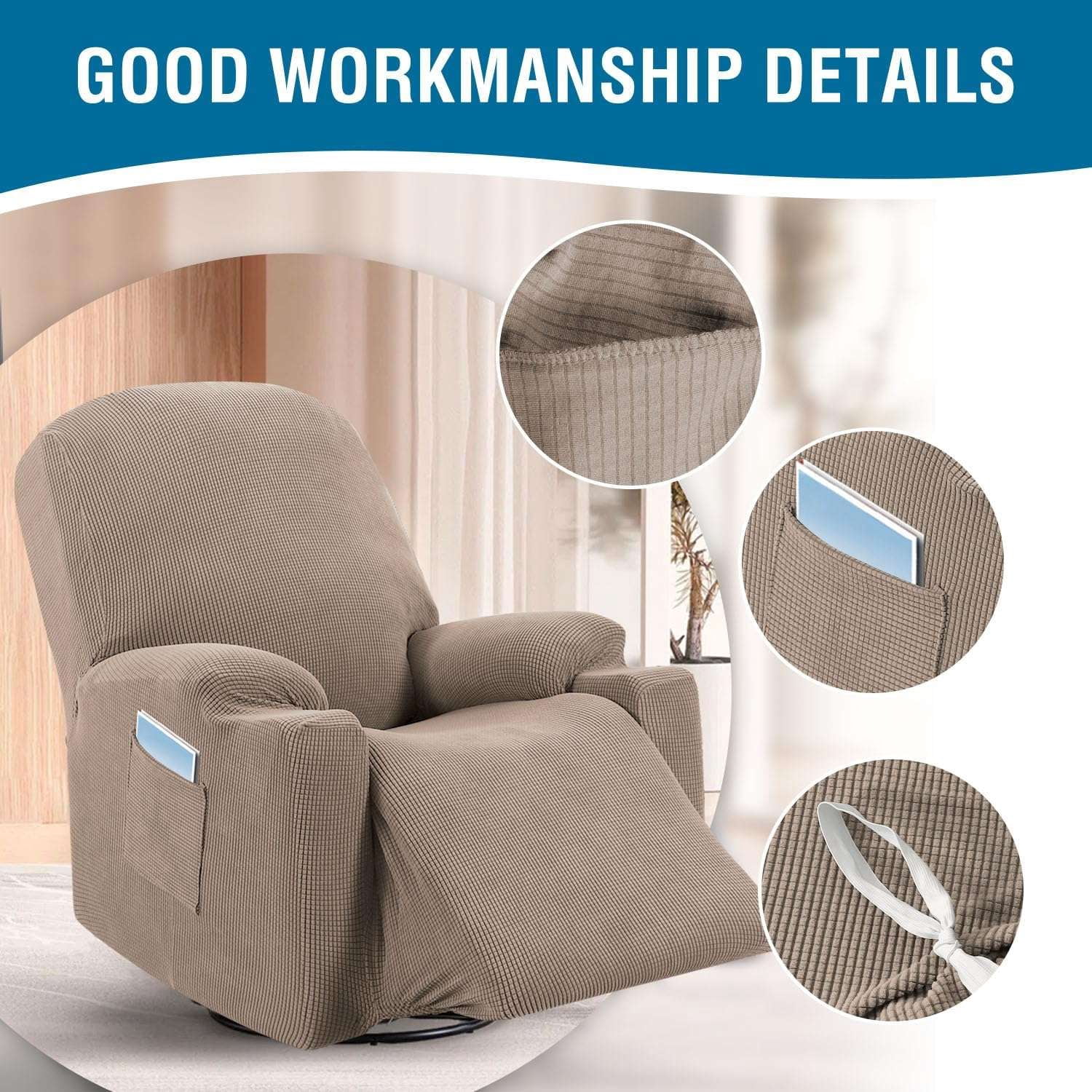 H.VERSAILTEX Stretch Electric Power Lift Recliner Chair Cover with Side Pocket, Soft Thick Jacquard(Single Seat, Sand)